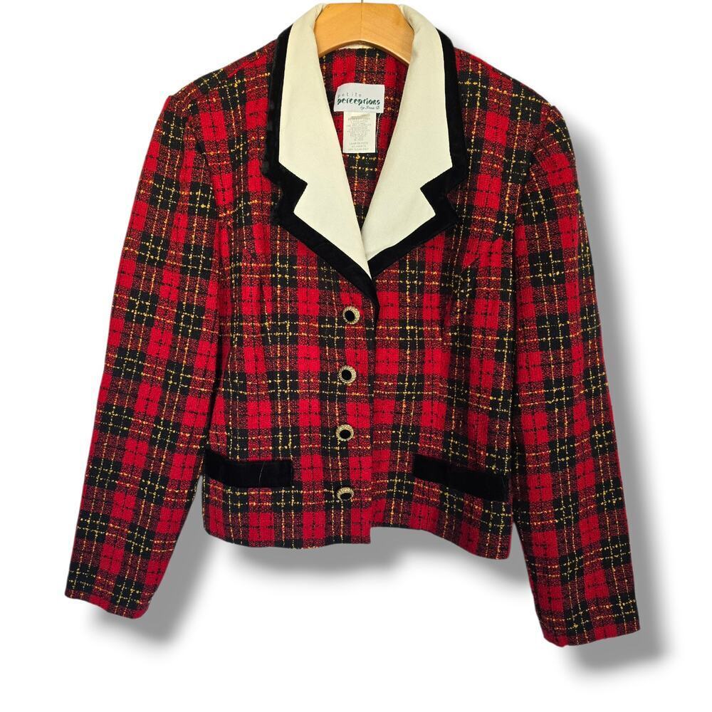 PETITE PERCEPTIONS by Irene B. Vintage Plaid Blazer Size 12P Red Black Gold